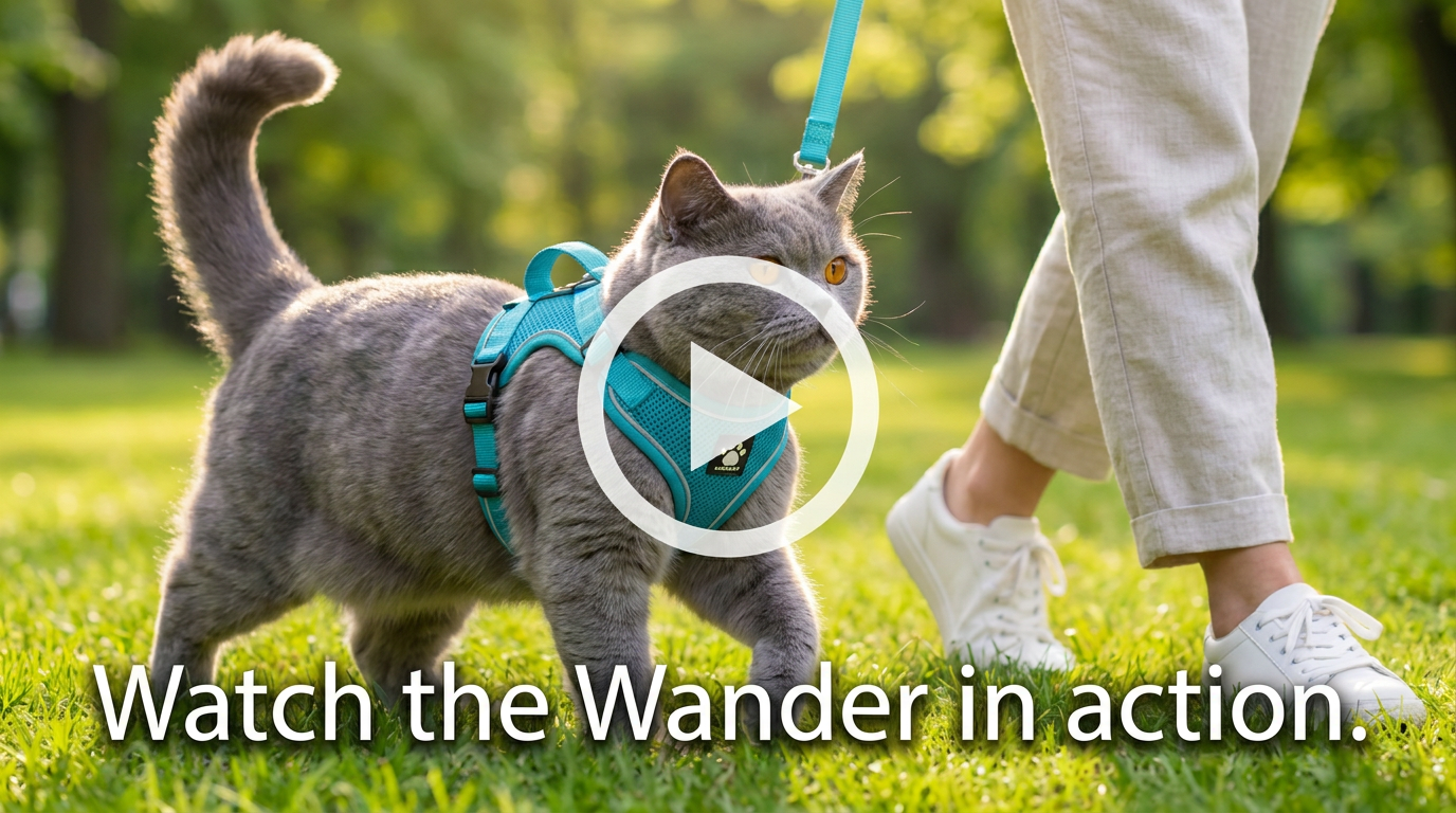 Play button over a cat walking in the Wander harness — watch the video