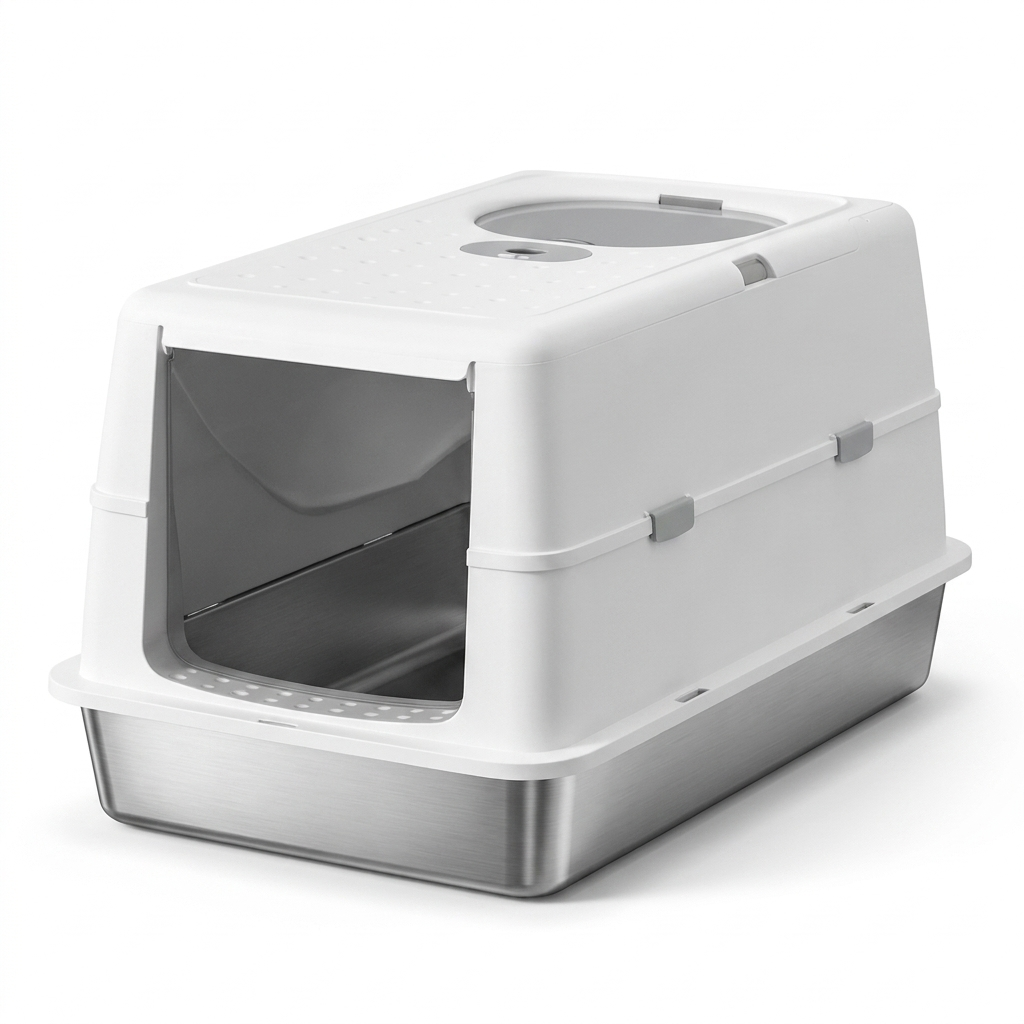 Lustre stainless steel enclosed cat litter box with White hood