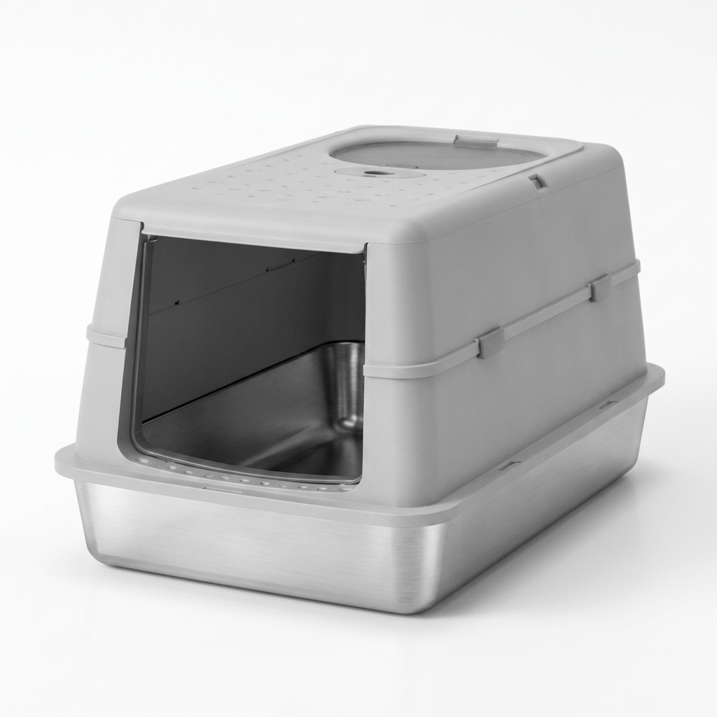 Lustre stainless steel enclosed cat litter box with Gray hood
