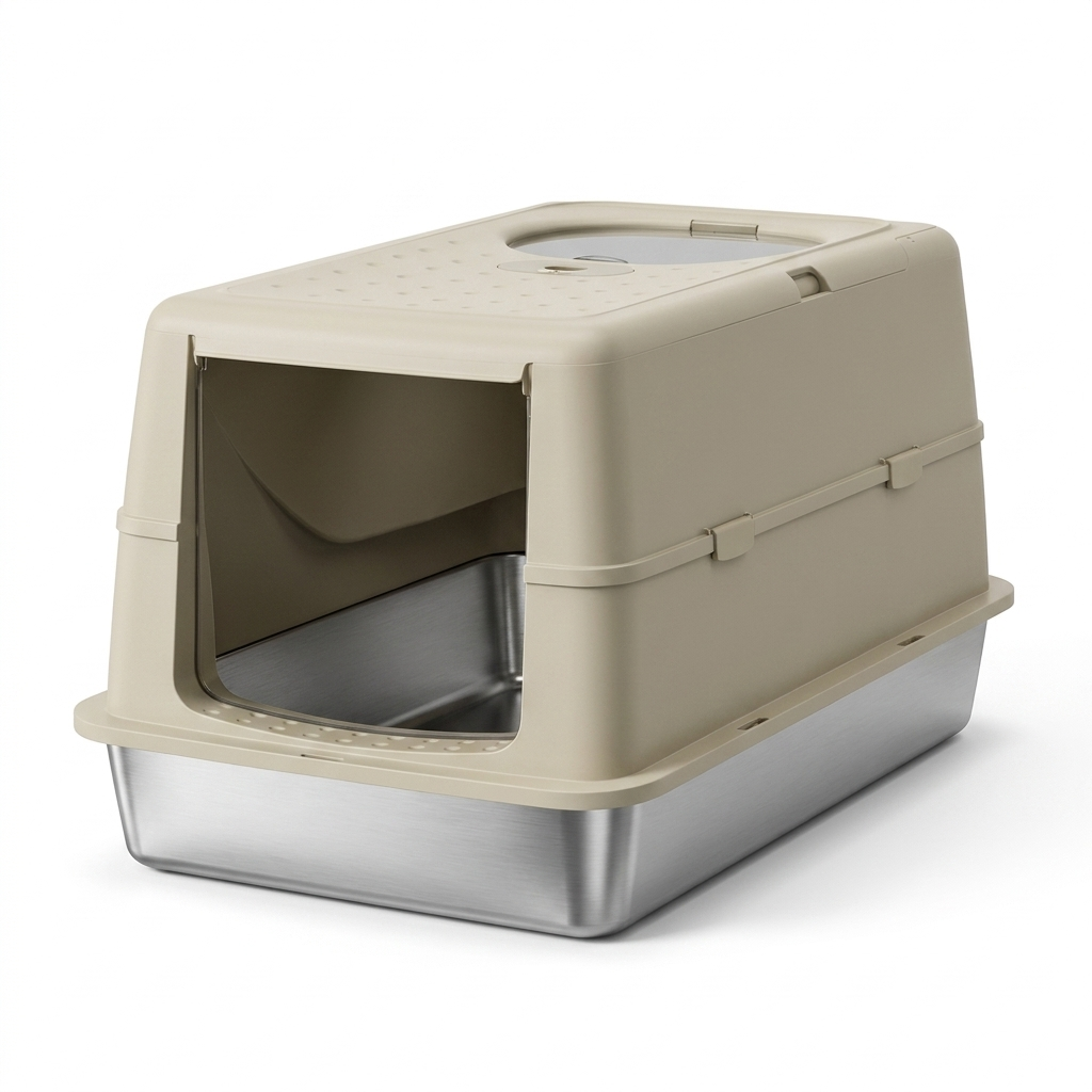 Lustre stainless steel enclosed cat litter box with Khaki hood
