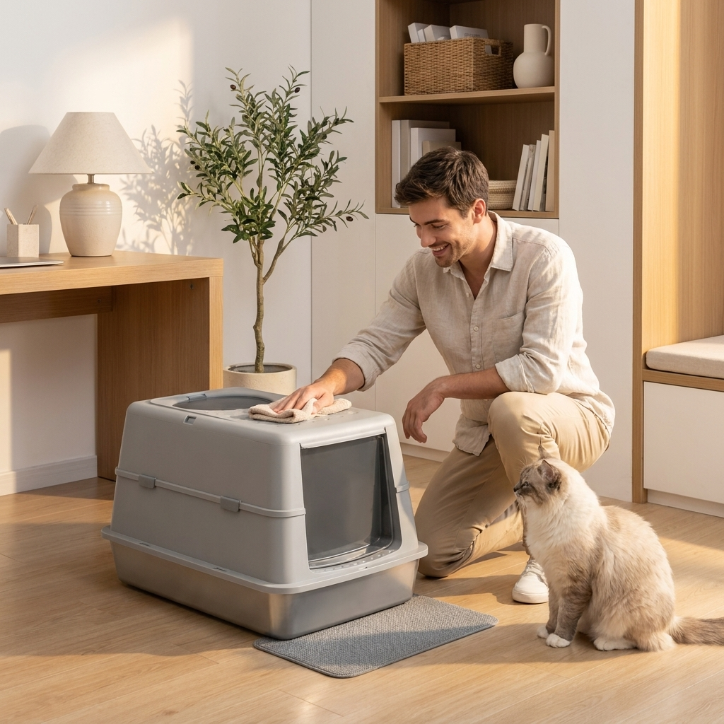 Man wiping the gray Lustre litter box clean while his cat watches