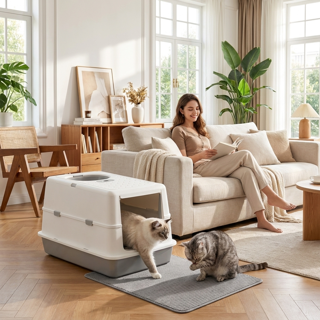 Two cats near the white Lustre litter box in a bright living room