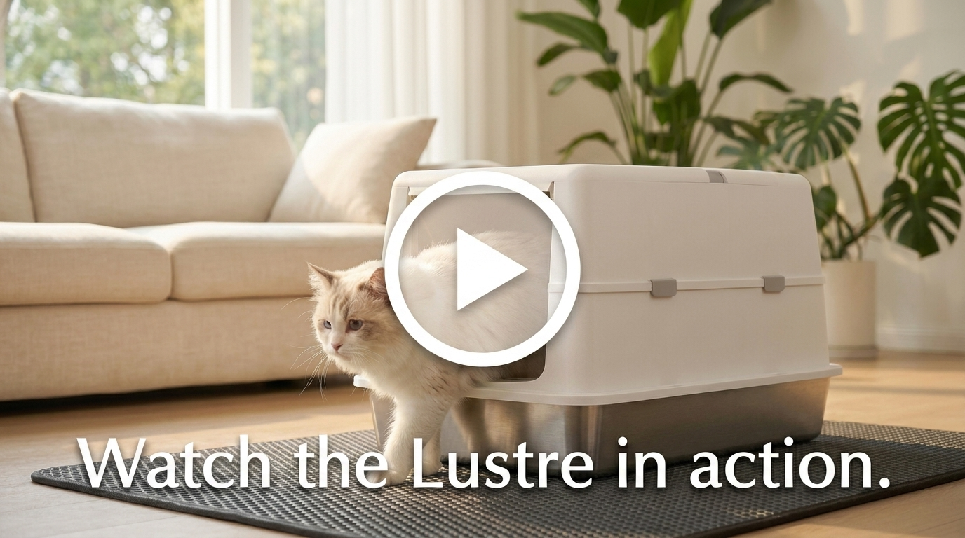 Play button over a cat leaving the Lustre litter box — watch the video