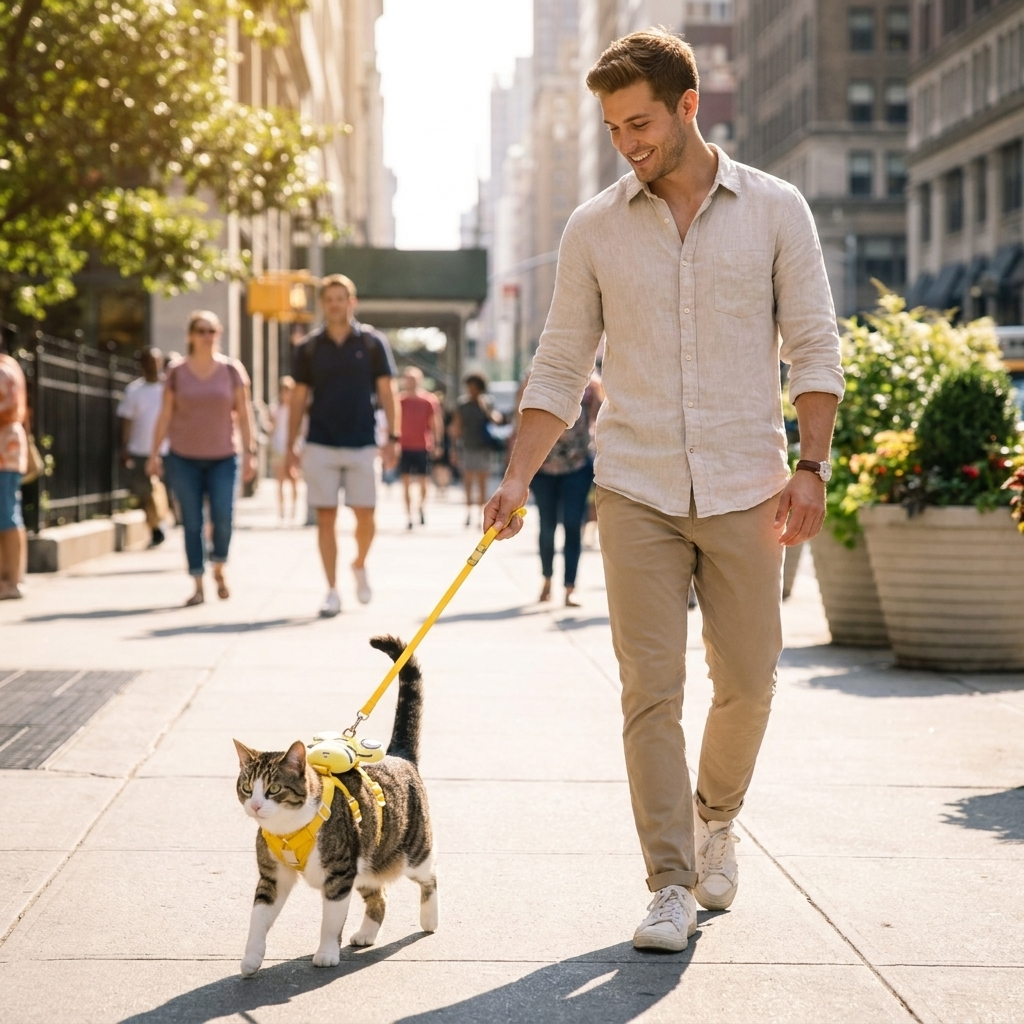 Cat in a yellow Bumble bee harness walking a city sidewalk with a man