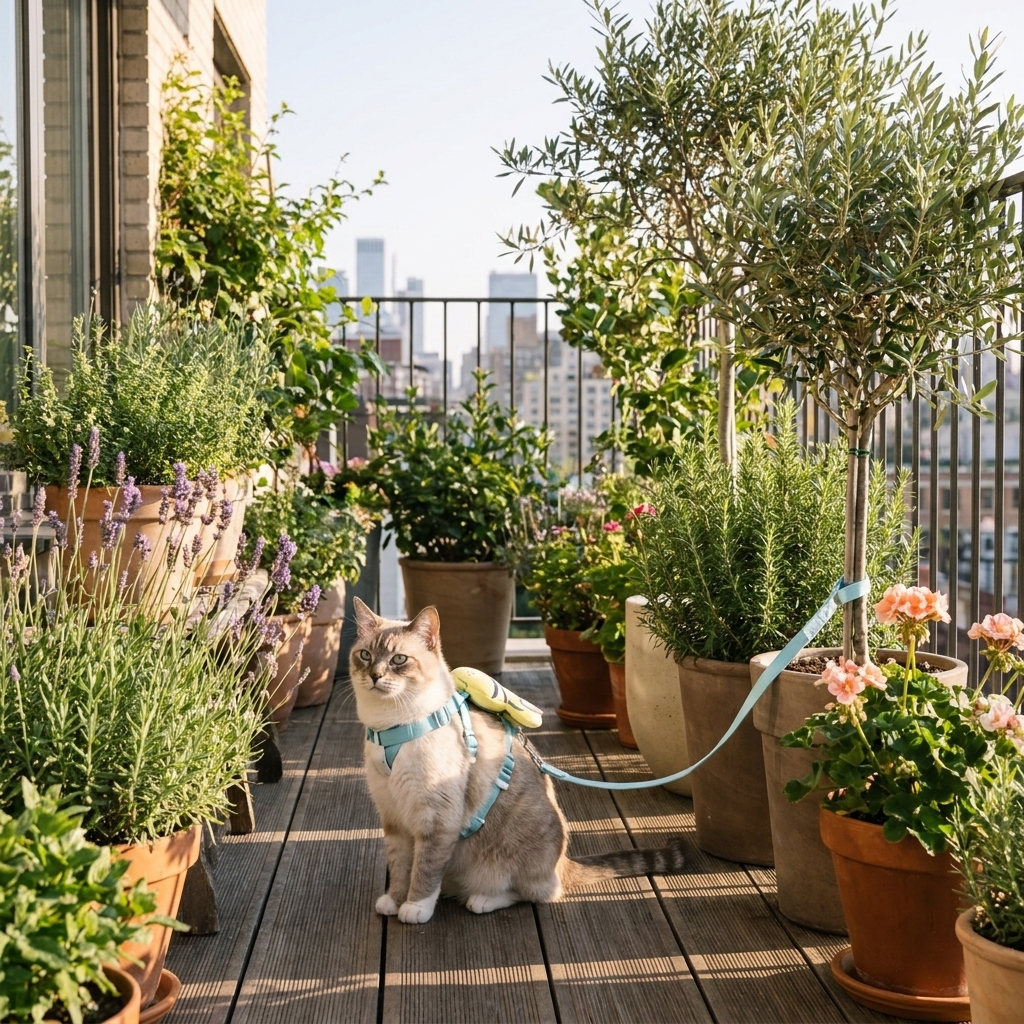Cat in a blue Bumble bee harness sitting on a sunny balcony