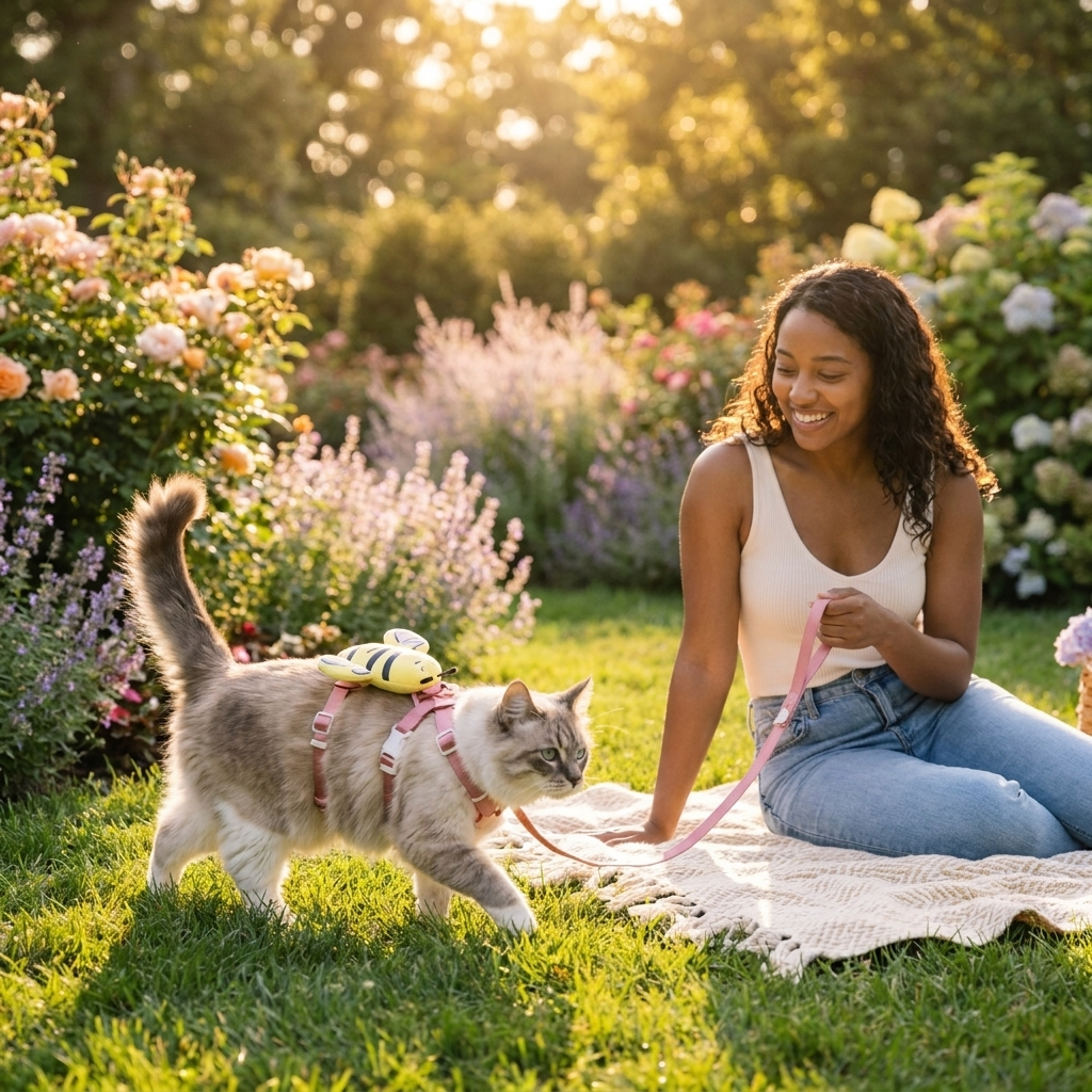 Cat in a pink Bumble bee harness exploring a garden with a woman