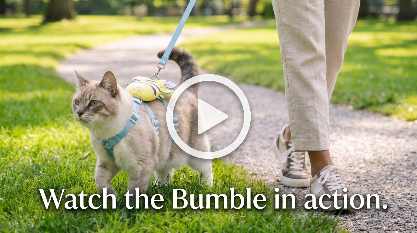 Play button over a cat walking in the Bumble bee harness — watch the video