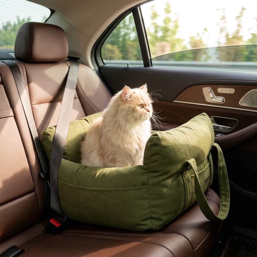 Cat sitting in the olive Cruise car seat bed on a car back seat