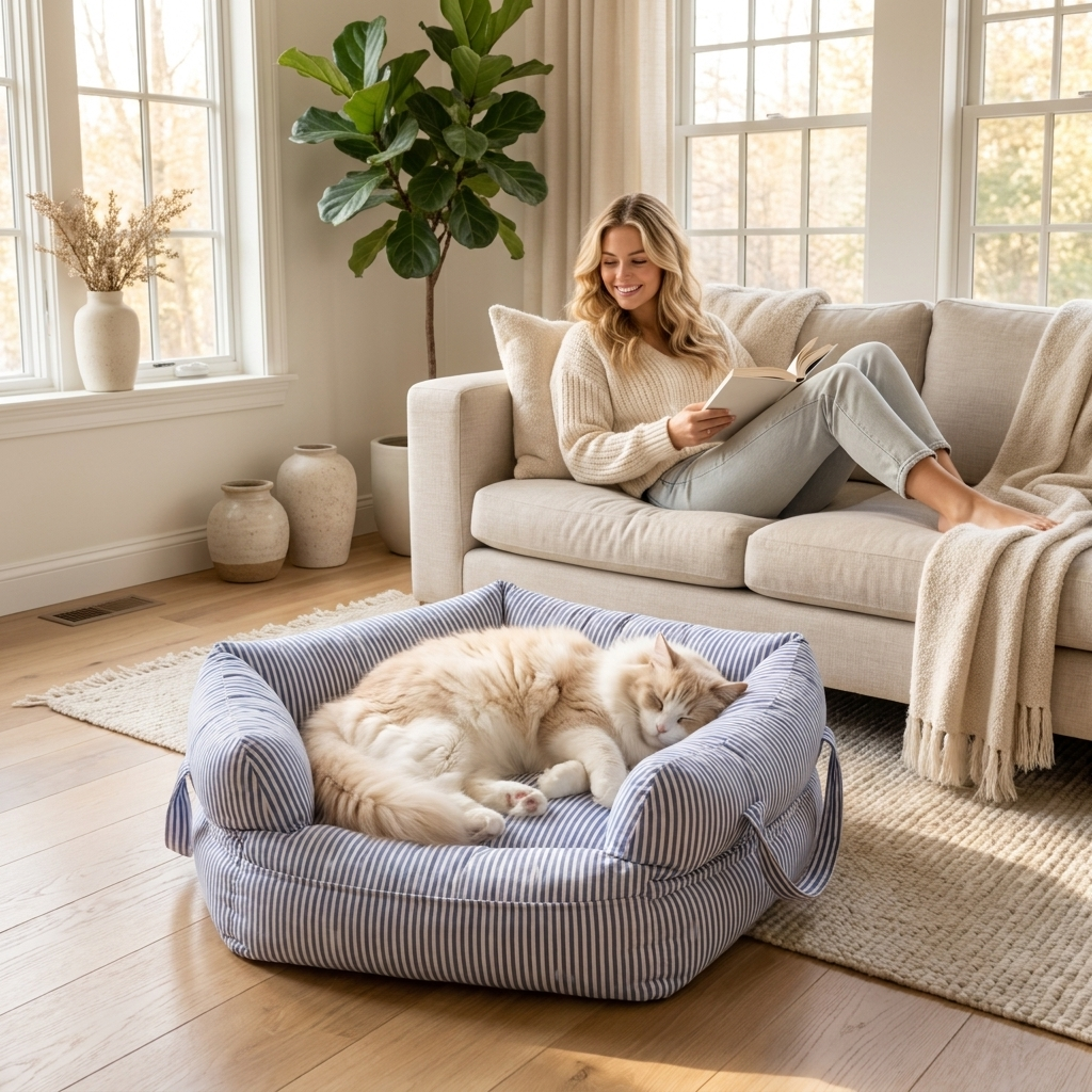 Cat napping in the blue-stripe Cruise bed used at home while a woman reads