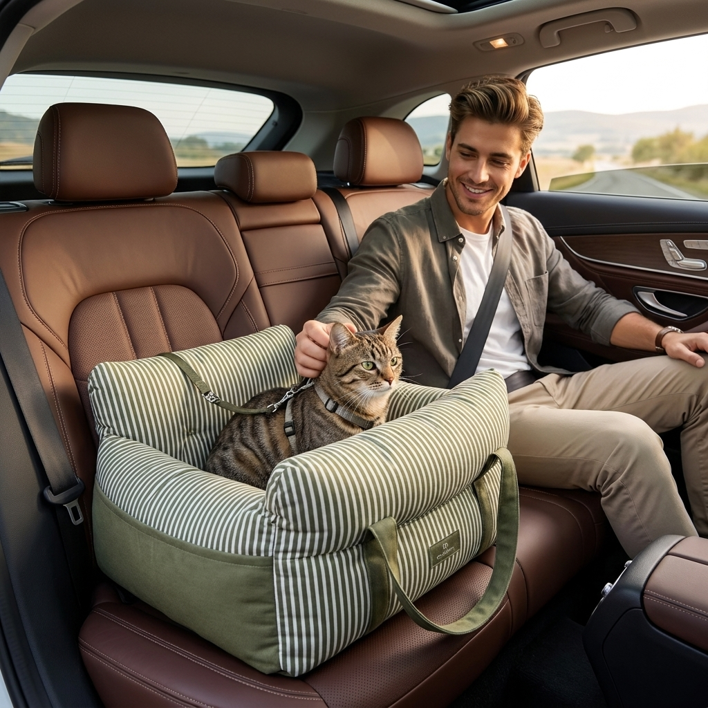 Man beside a cat in the olive Cruise car seat bed on a road trip