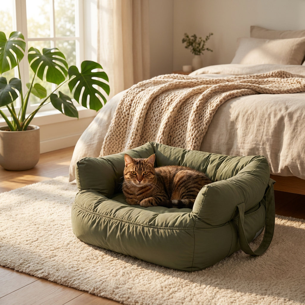 Cat resting in the brown Cruise bed used as a home bed in a bedroom