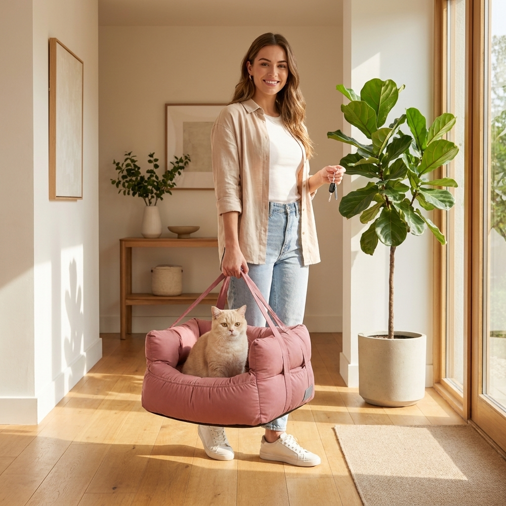 Woman carrying the pink Cruise car seat bed with a cat inside
