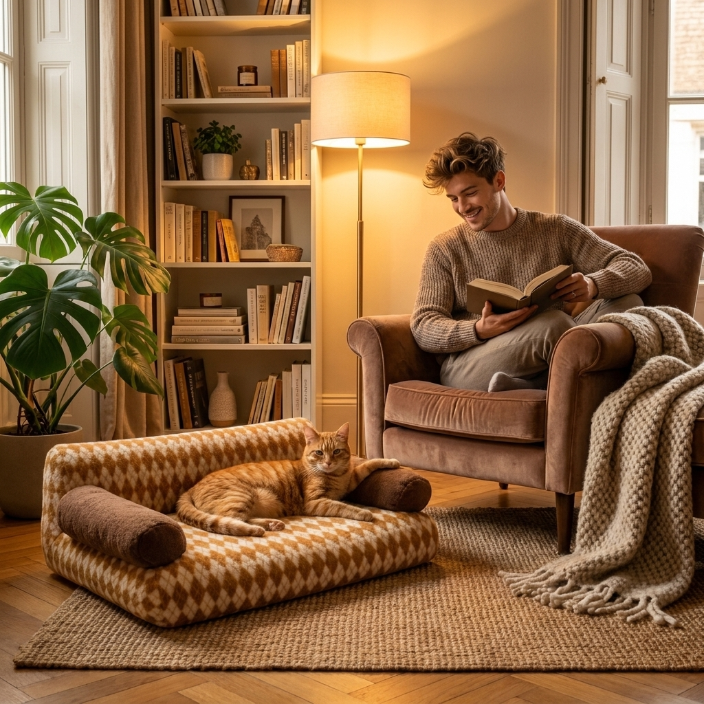 Ginger cat on the caramel Divan sofa bed while a man reads nearby