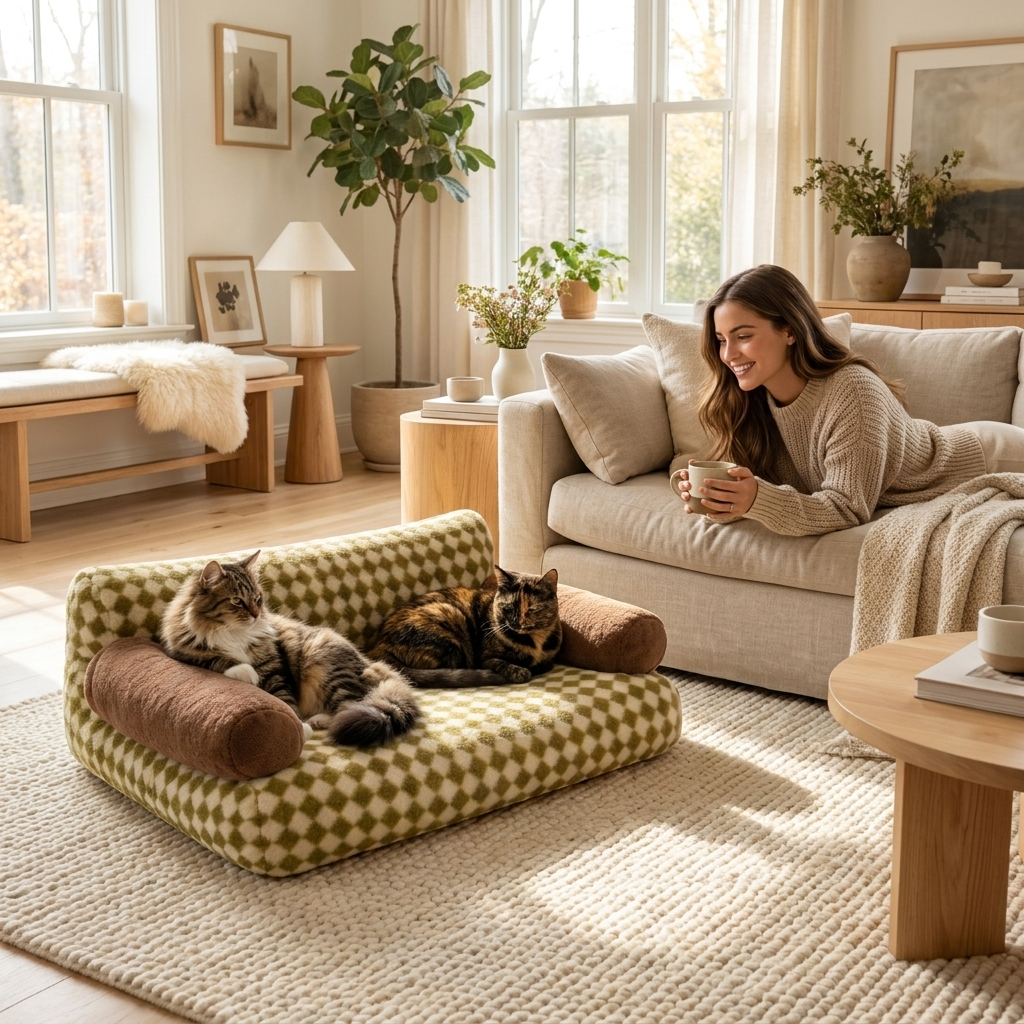 Two cats sharing the green Divan cat sofa bed in a bright living room