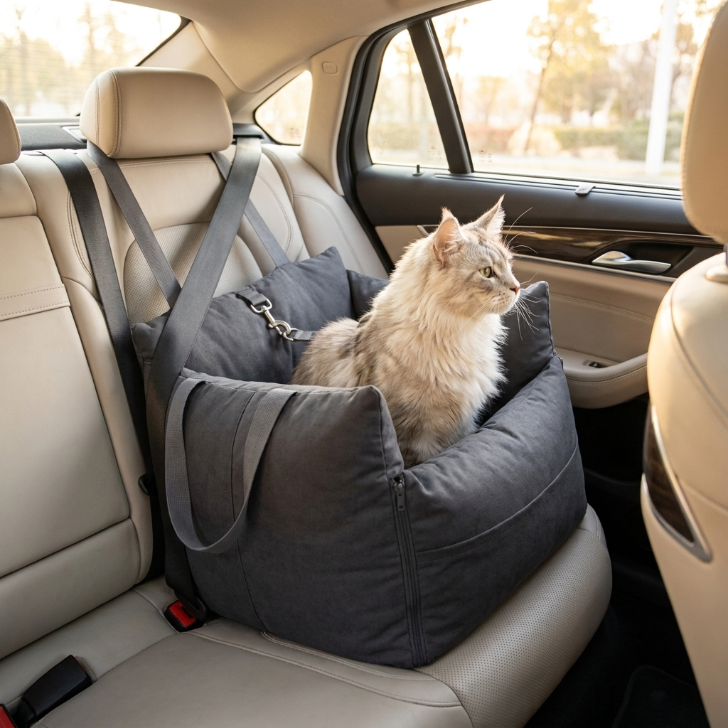 Cat settled in the charcoal Cove car seat bed on a car back seat