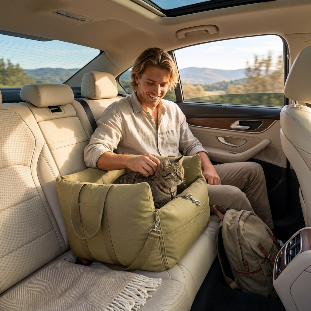 Man petting his cat in the khaki Cove car seat bed on a road trip