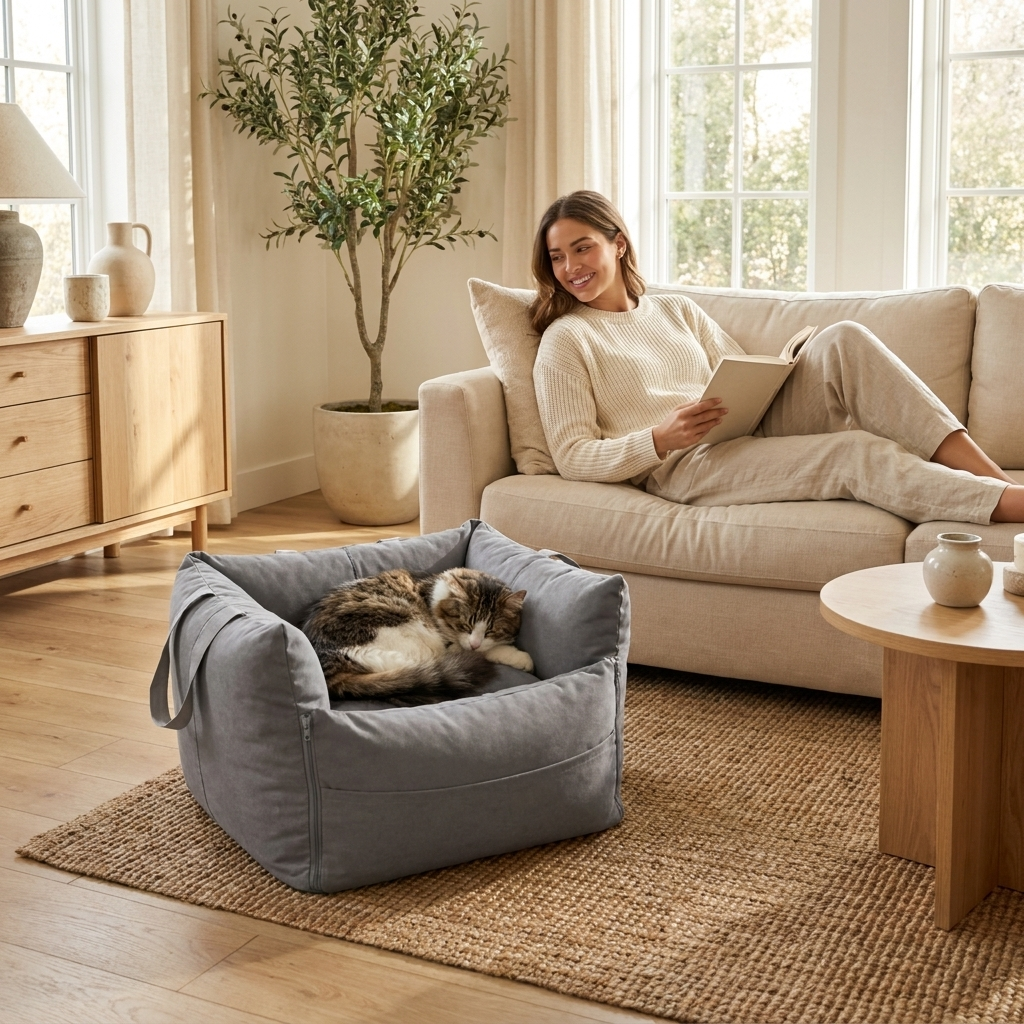 Cat napping in the grey Cove bed used as a home lounger