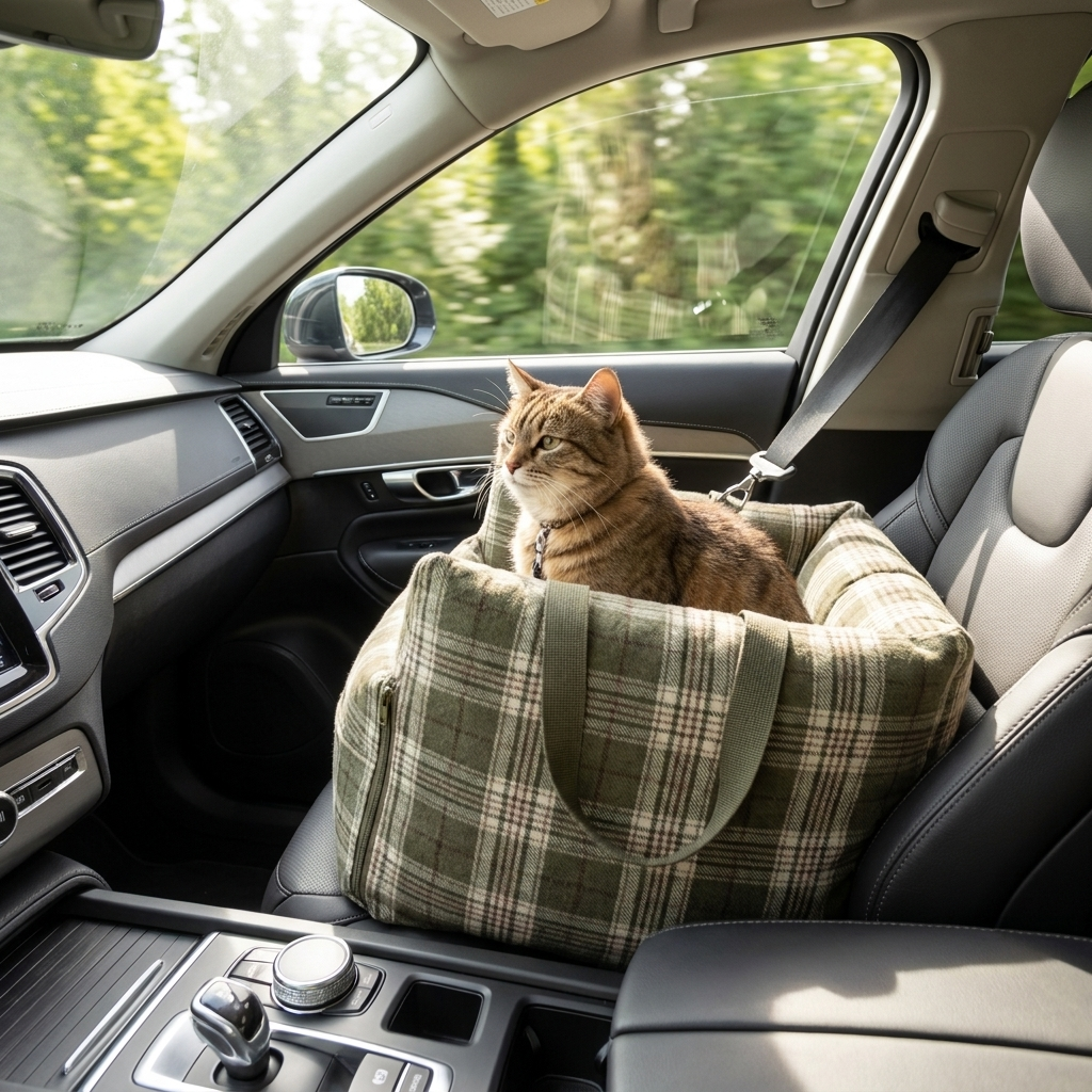 Cat in the vintage plaid Cove car seat bed on a front car seat