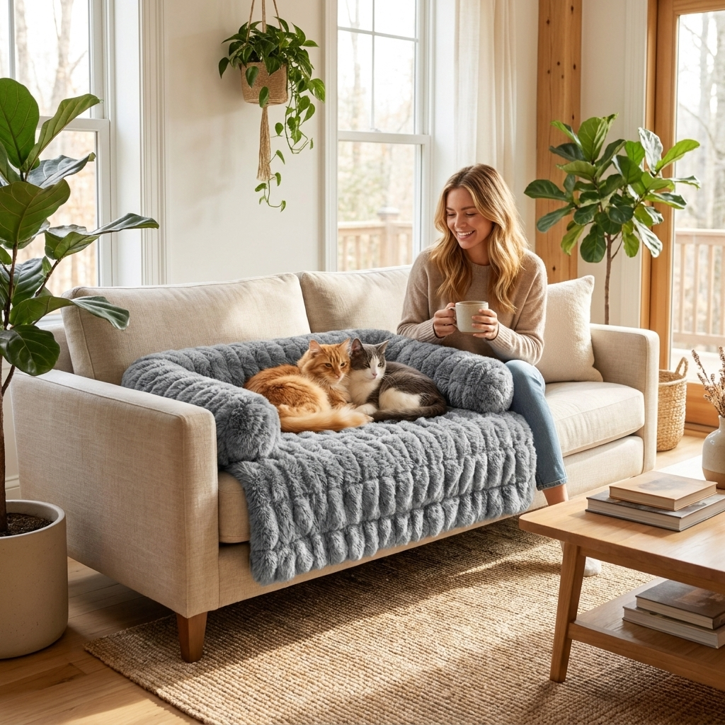 Two cats relaxing in the grey Hush calming bed with a woman nearby