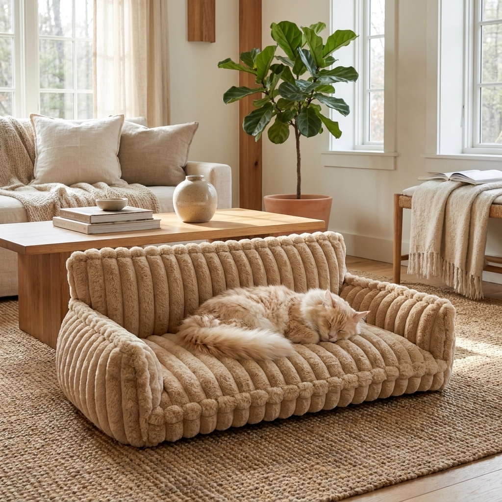 Cream cat napping on the camel Reverie cat sofa bed in a living room