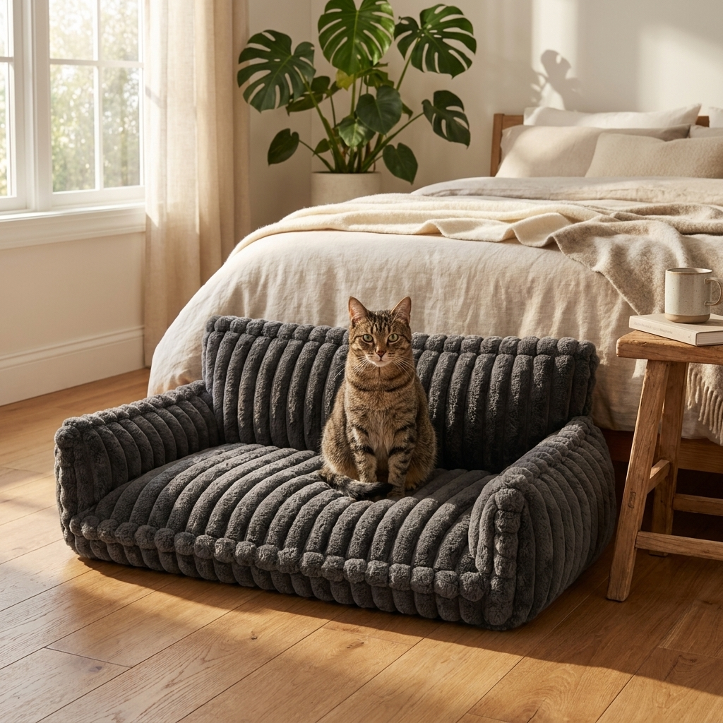 Cat sitting on the dark grey Reverie cat sofa bed in a bedroom