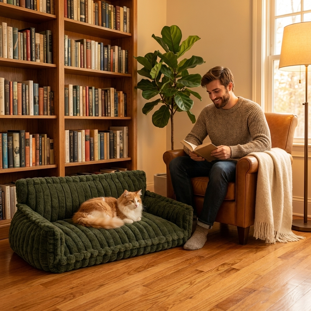 Cat on the dark green Reverie cat sofa bed while a man reads nearby