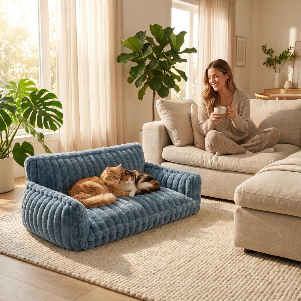Two cats on the blue Reverie cat sofa bed with a woman nearby