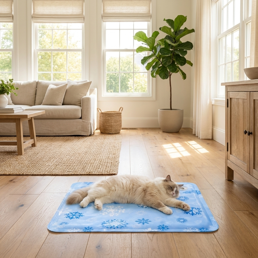 Cat lounging cool on the light-blue Zephyr cooling mat in a summer living room