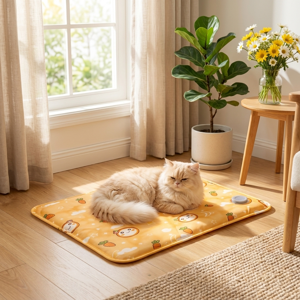 Cat relaxing on the yellow Zephyr cooling mat