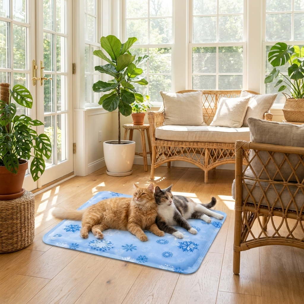 Two cats lounging on the light-blue Zephyr cooling mat