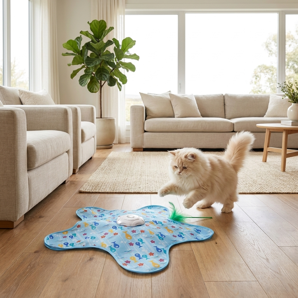 Cat pouncing on the Frisk feather play mat