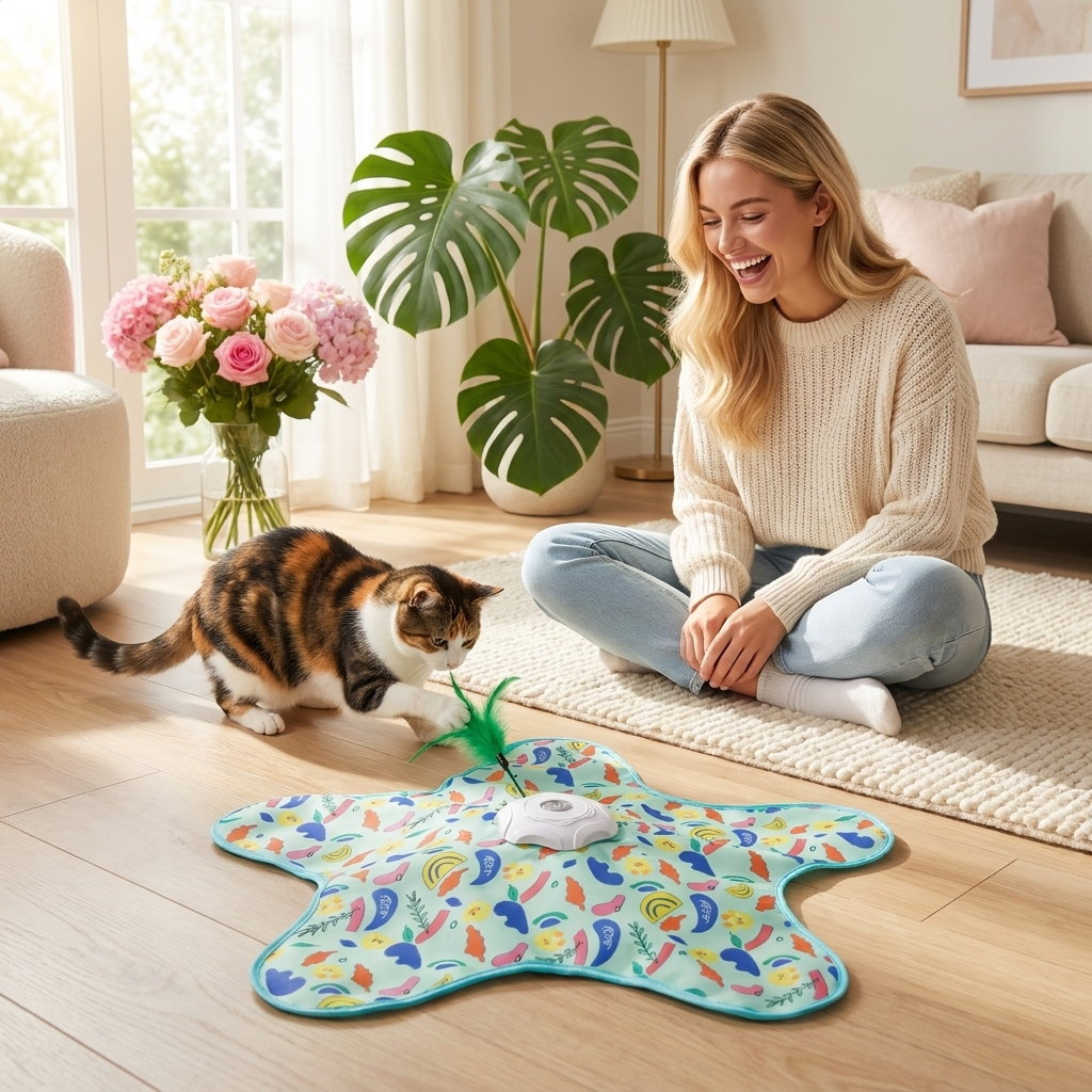 Woman watching her cat play with the Frisk toy