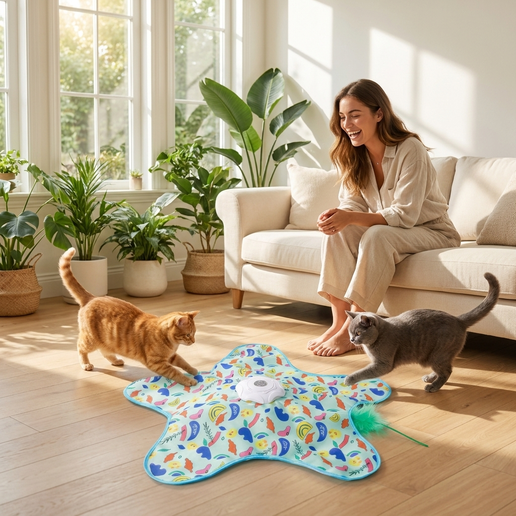 Two cats playing together on the Frisk play mat