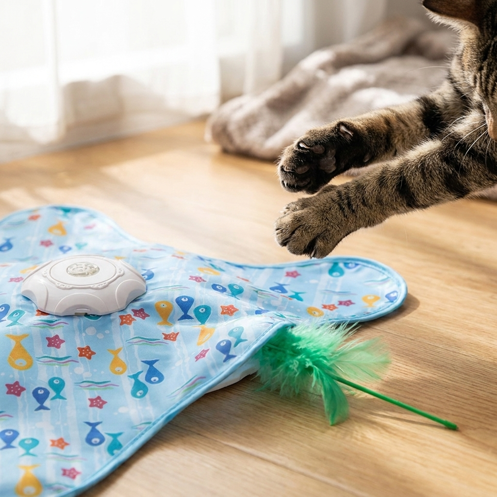 Close-up of a cat swiping the feather on the Frisk mat