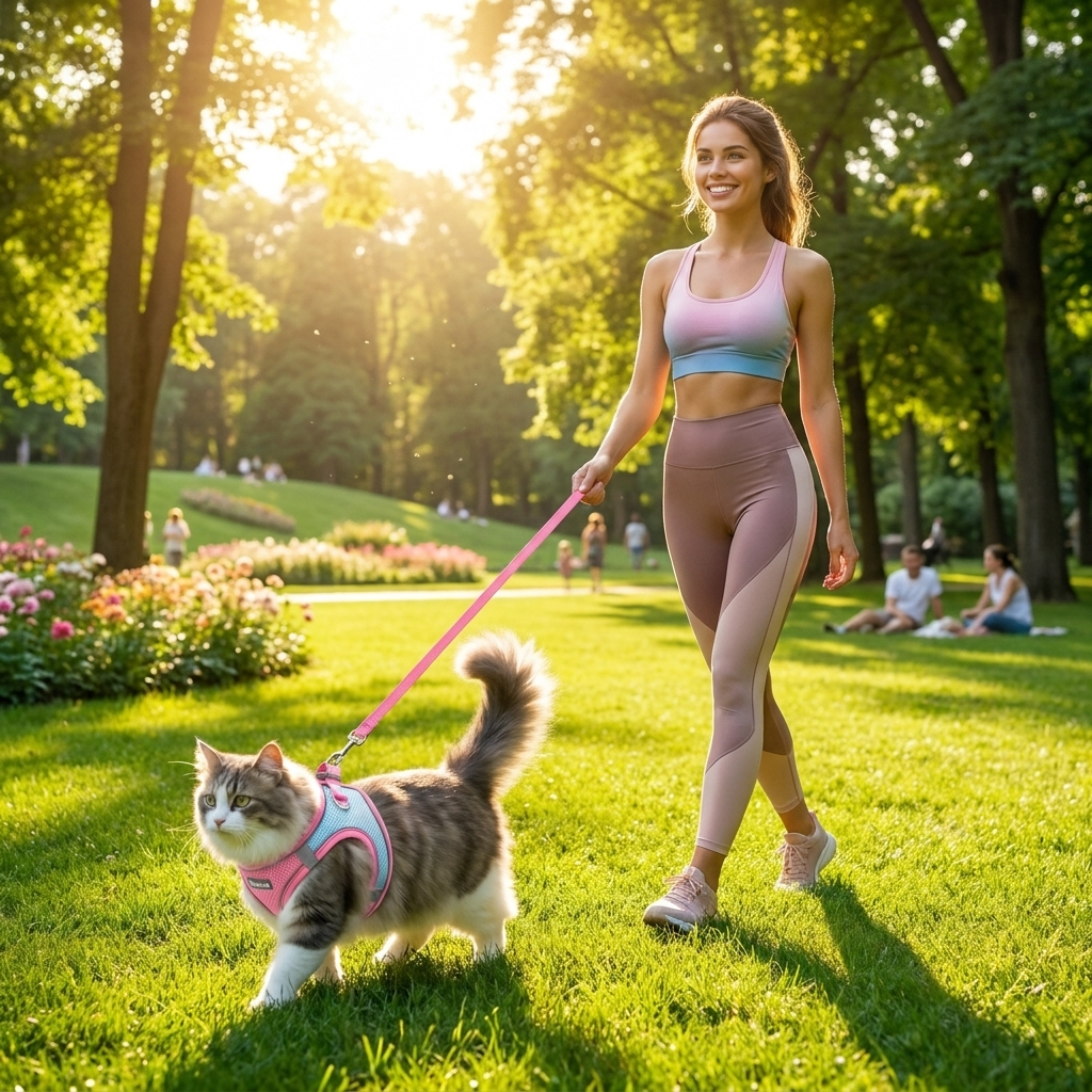 Woman walking her cat on a leash in the park