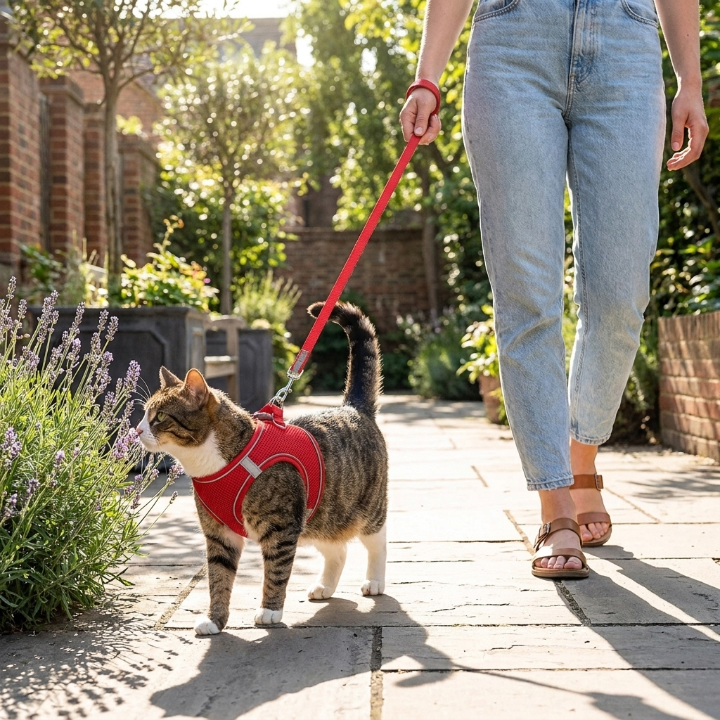 Cat exploring outdoors on the Halo leash