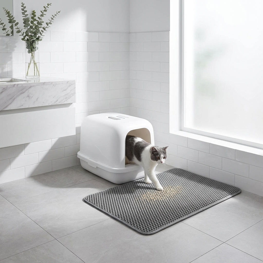 Cat stepping off litter box onto the Pebble mat