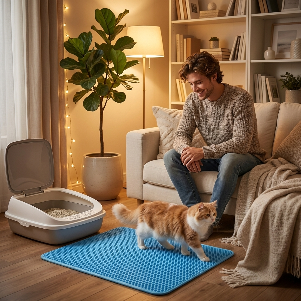 Man with cat by the Pebble litter mat