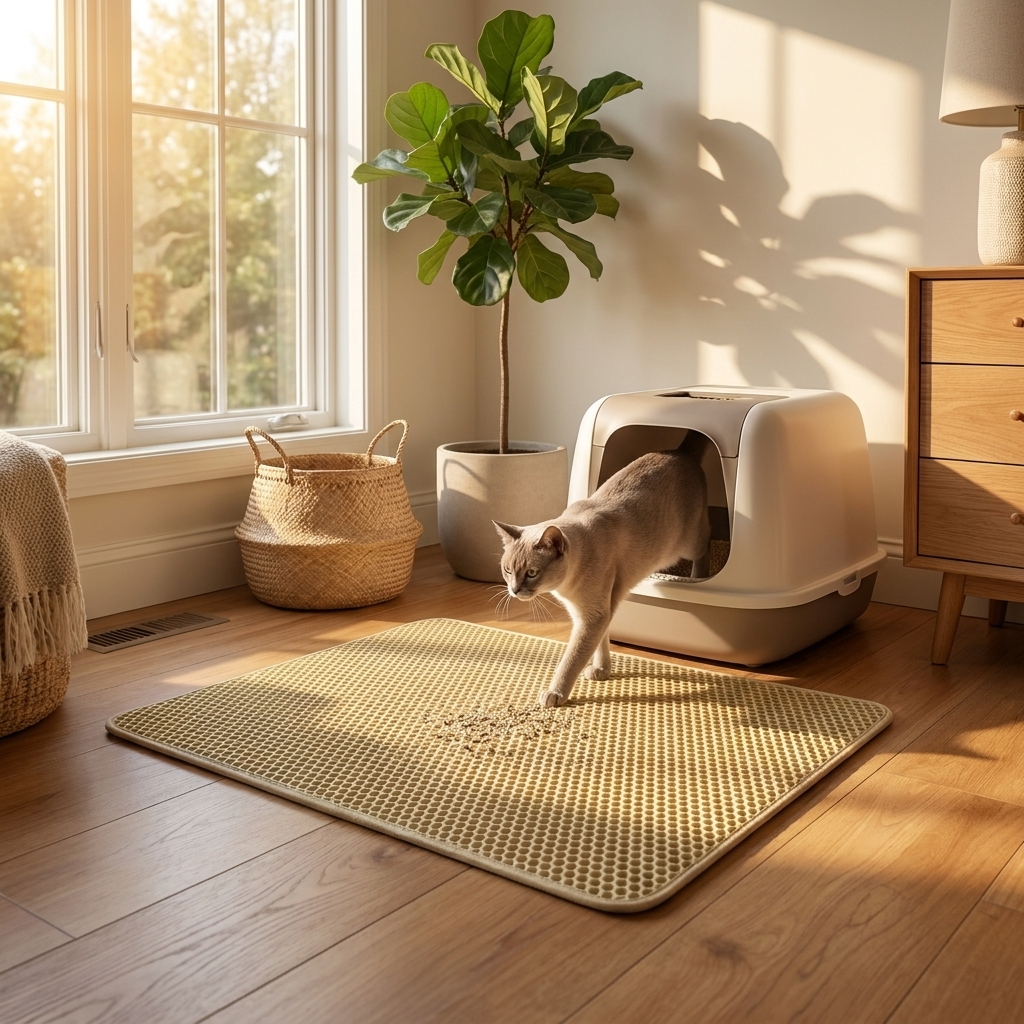 Cat stepping onto the khaki Pebble mat