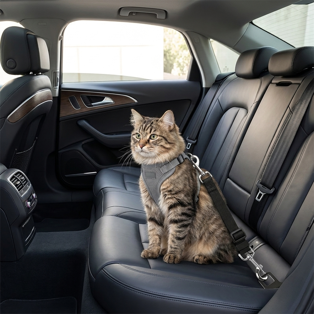 Cat secured in a car with the Anchor safety belt