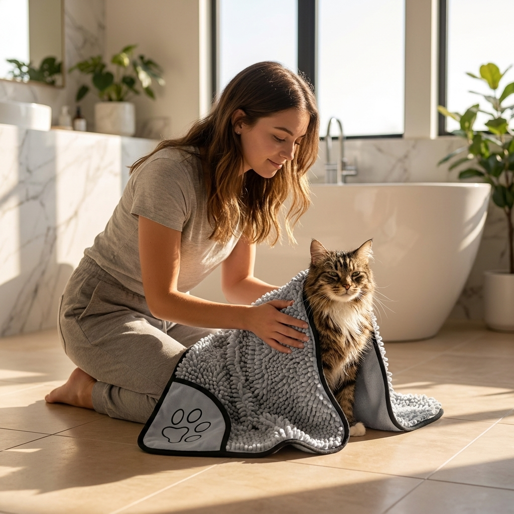 Woman drying a cat with the grey Cocoon towel