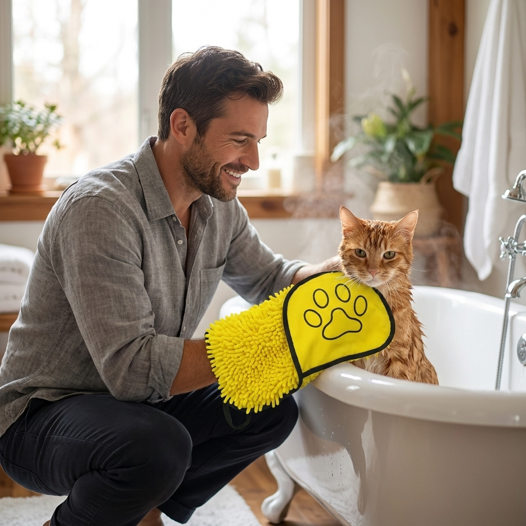 Man drying a cat with the yellow Cocoon towel