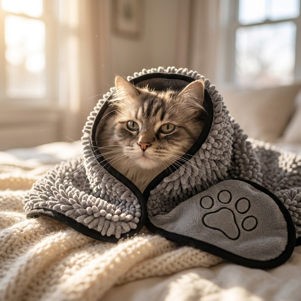 Cat wrapped cozily in the grey Cocoon towel
