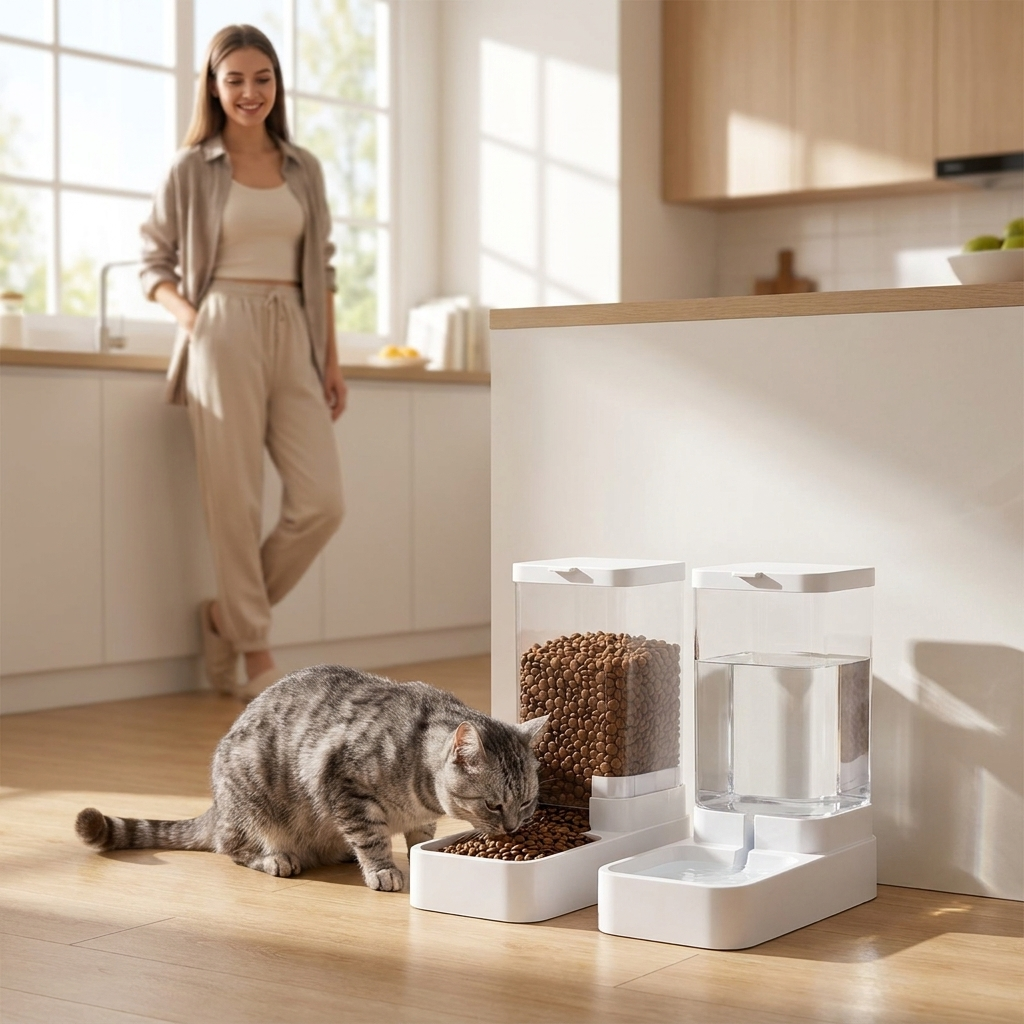 Cat eating from the Fount food dispenser in a kitchen