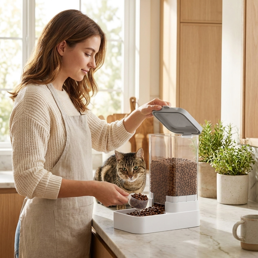 Woman refilling the Fount food dispenser with a cat