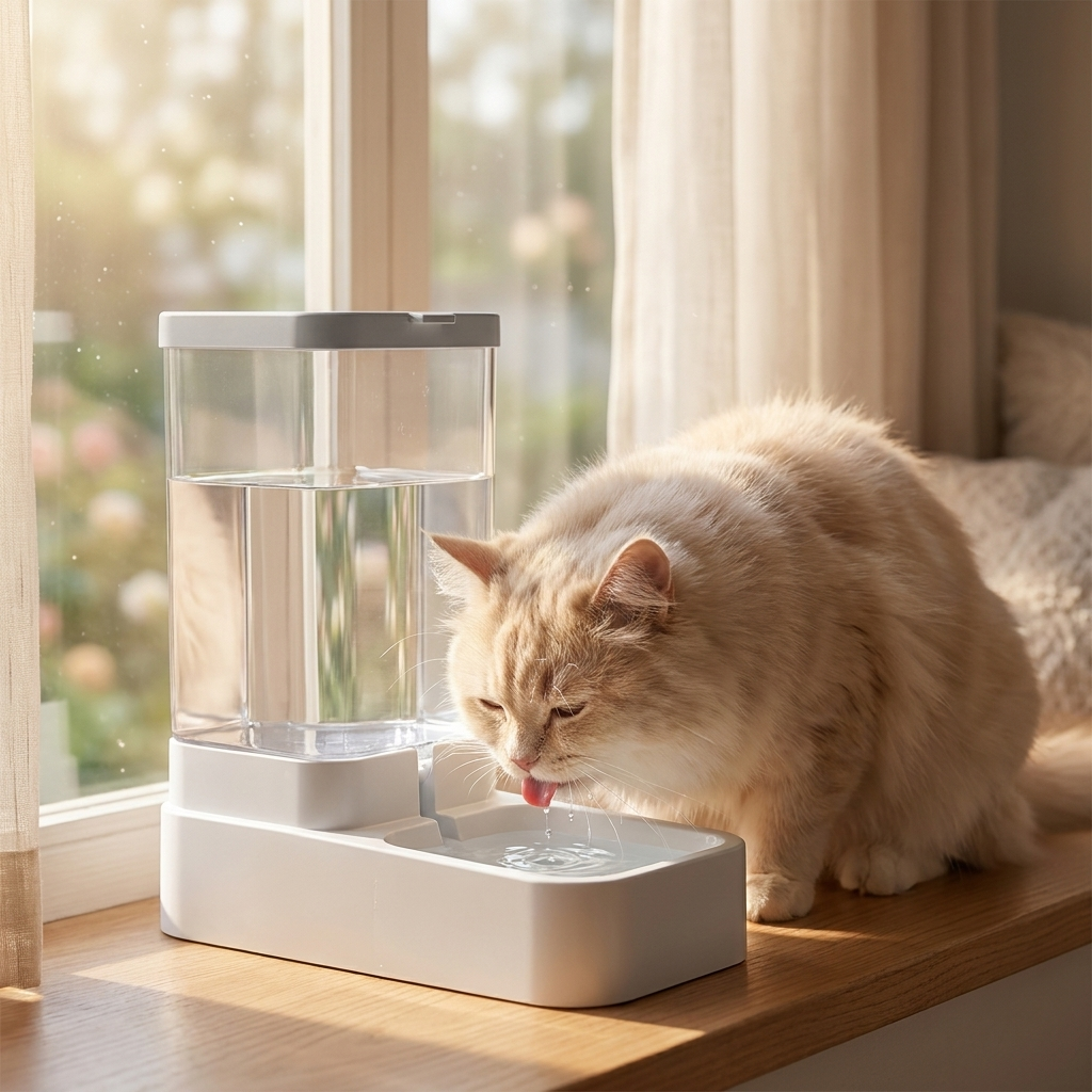 Cat drinking fresh water from the Fount dispenser by a window
