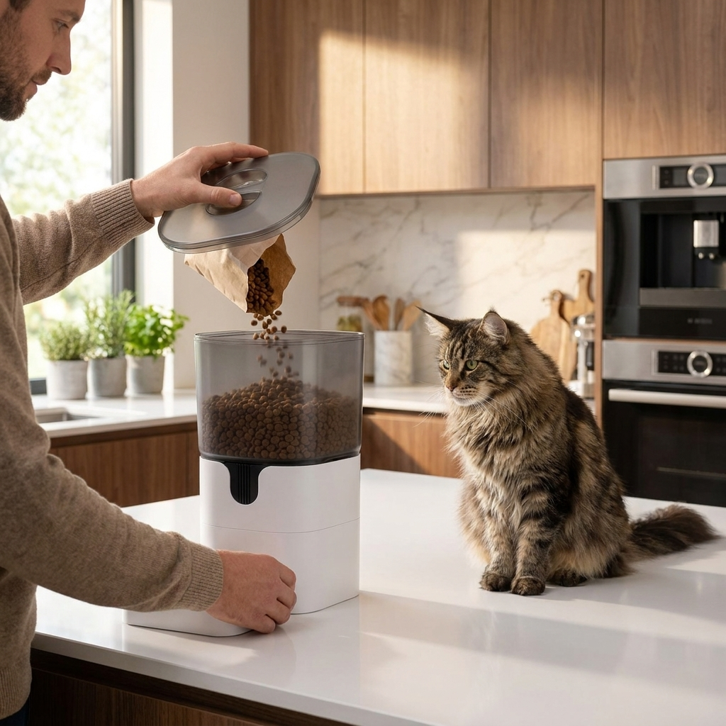 Man filling the Nova feeder hopper with kibble