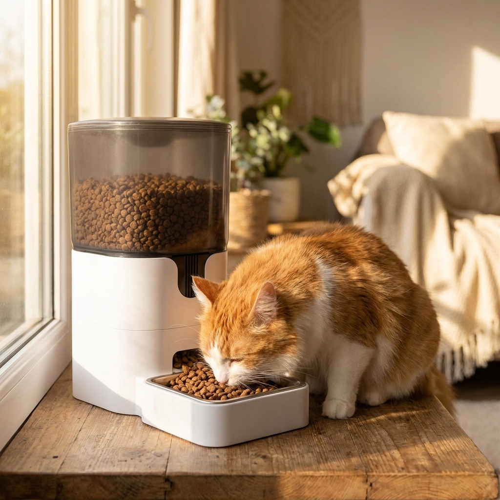 Cat eating from the Nova feeder bowl by a window