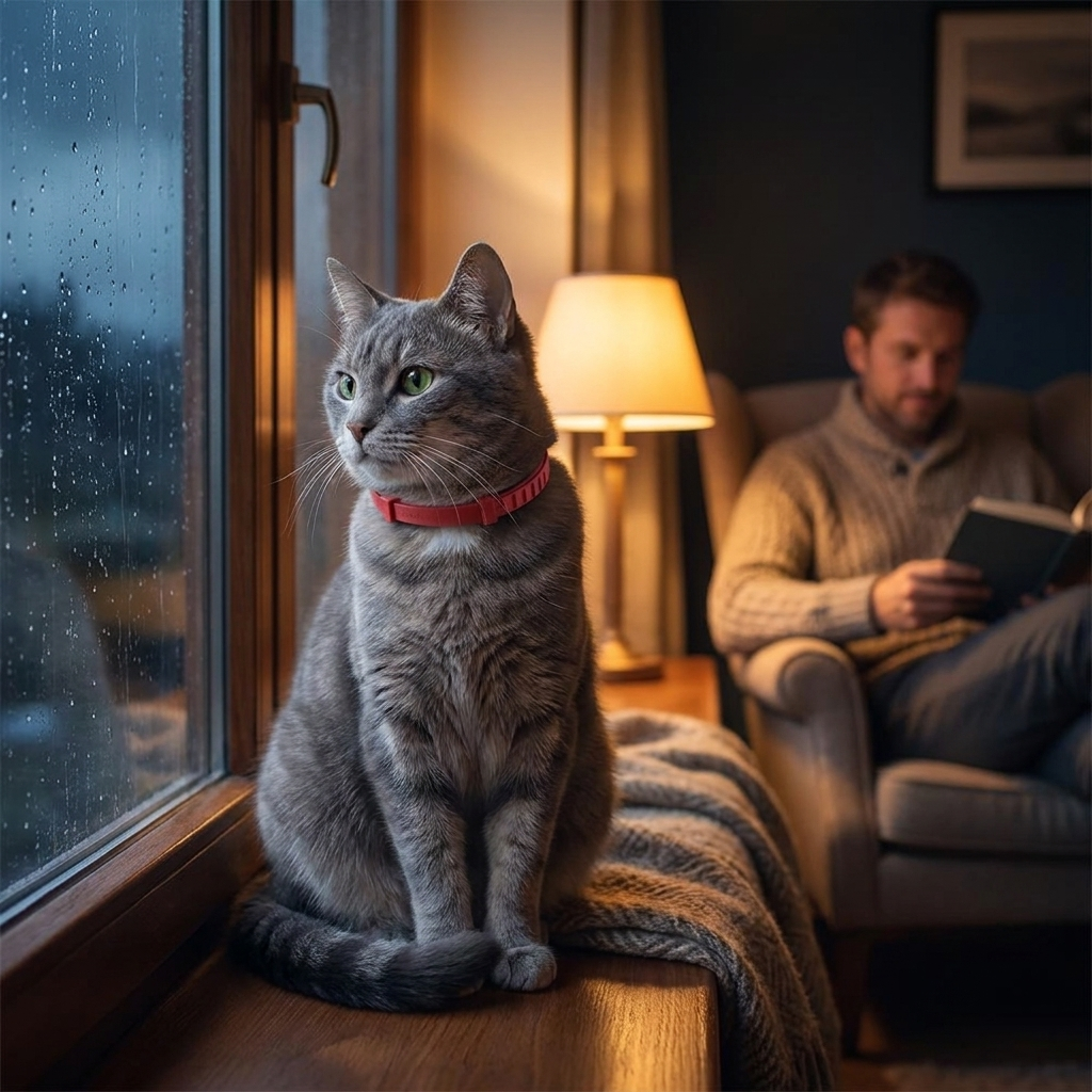 Calm cat wearing the red Serene collar by a rainy window