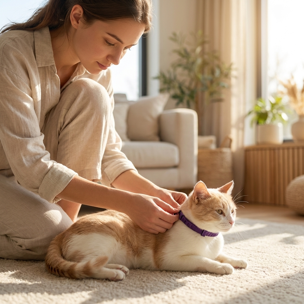 Woman fastening a purple Serene collar on her cat